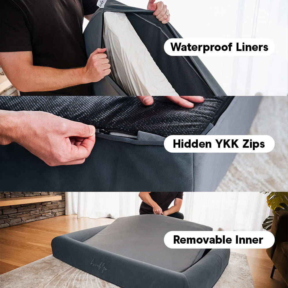 Close-ups of the Ortho Pro dog bed showing the waterproof liners, hidden YKK zips and removable inner