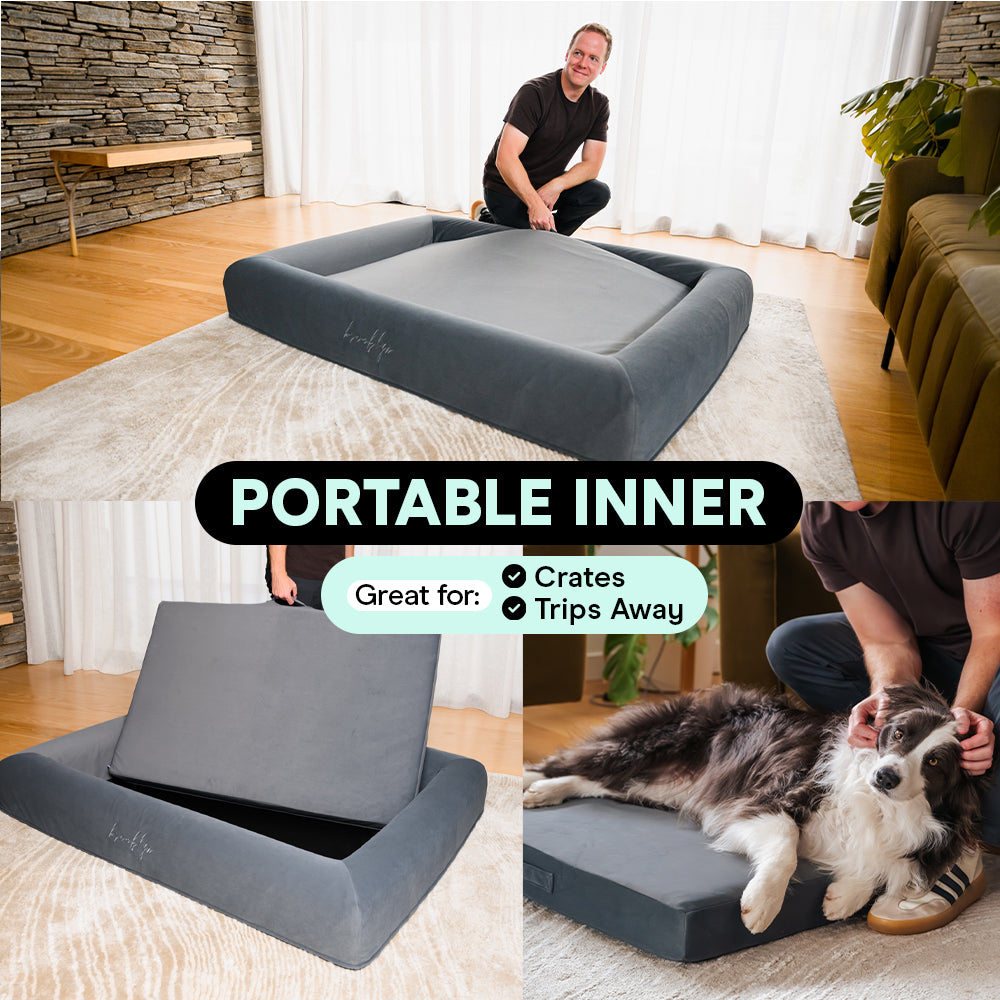 Ortho Pro dog bed's removable inner cushion being lifted out and used on its own for crates and trips away